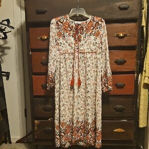 Cream Bishop Sleeve Casual Dress with Crew Neck